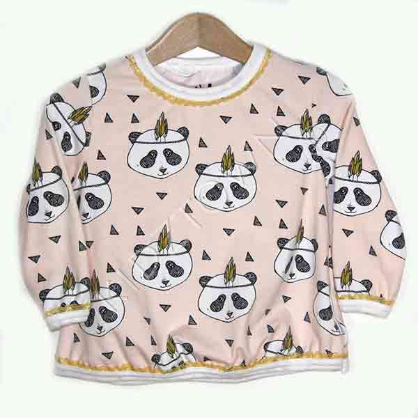 Lys panda bluse med gul blonde detajler ved alle ribkanter str 74 - Billede 2